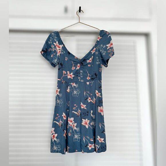 Roxy Shoulder Shimmy Sweetheart Floral Palm Print Mini Dress In Blue lSize M - Picture 2 of 16
